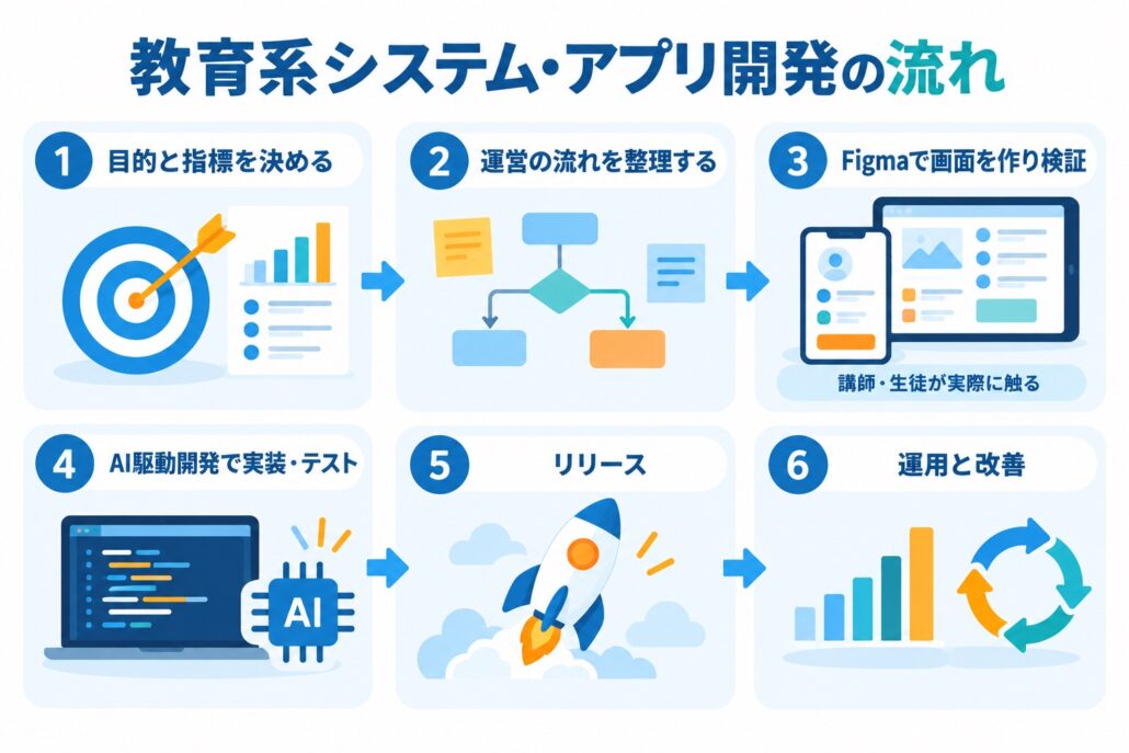 教育系システム・アプリ開発の6ステップ。目的と指標を決める、運営の流れを整理する、Figmaで画面を作り検証、AI駆動開発で実装・テスト、リリース、運用と改善