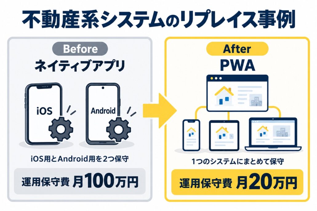 不動産系システムのリプレイス事例。iOSとAndroidのネイティブアプリ2つをPWA1つにまとめ、運用保守費を月100万円から月20万円に削減