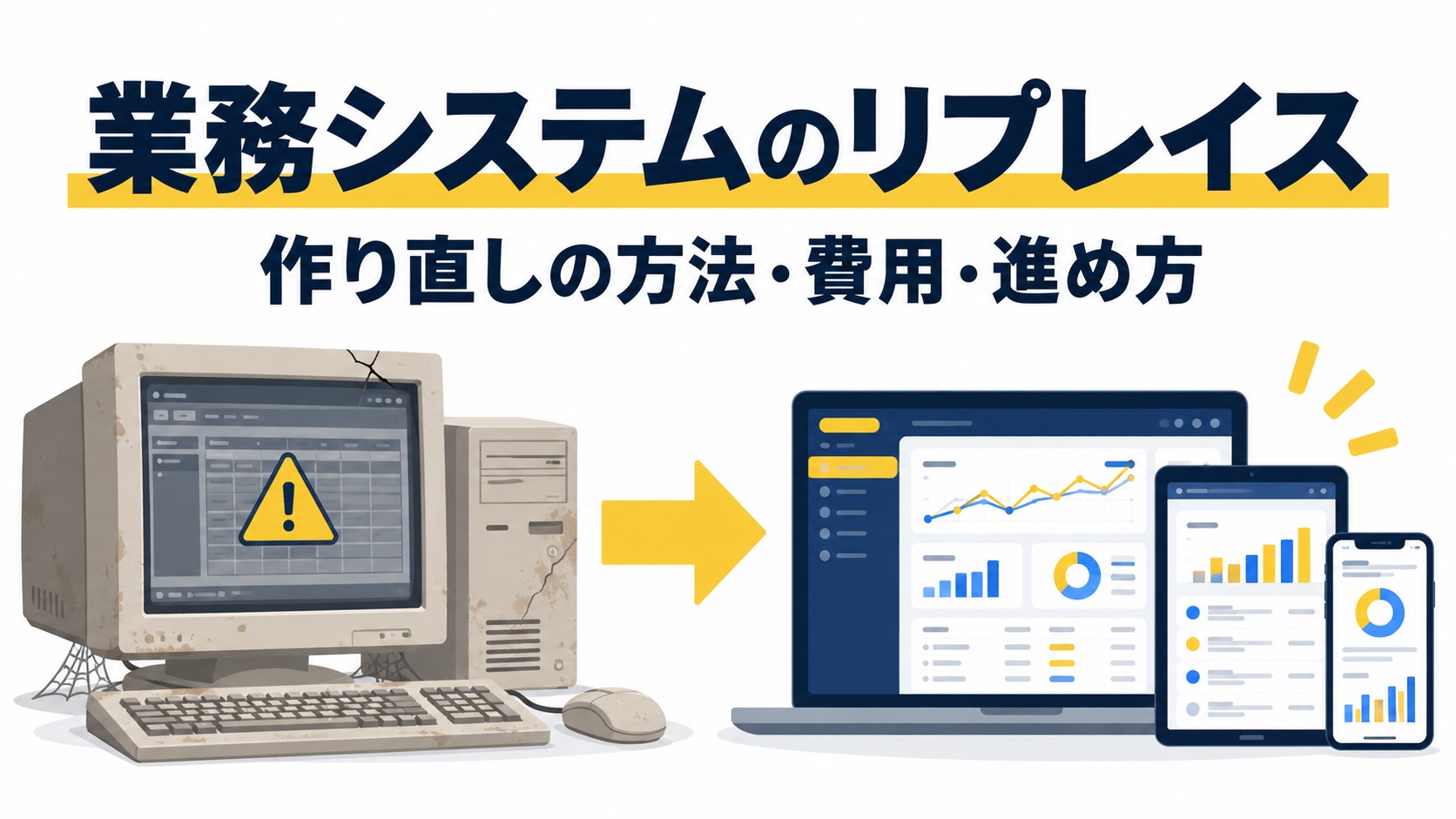 古い業務システムからPC・タブレット・スマホで使える新しい業務システムへのリプレイスを表したイラスト