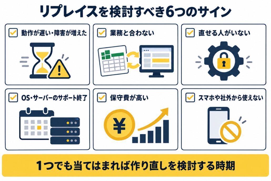 リプレイスを検討すべき6つのサイン。動作が遅い・障害が増えた、業務と合わない、直せる人がいない、OS・サーバーのサポート終了、保守費が高い、スマホや社外から使えない